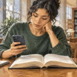 Painted illustration of a reader considering a smartphone beside a law book in a library.