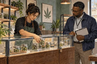 Conceptual painting of a dispensary worker arranging products while a state inspector observes.