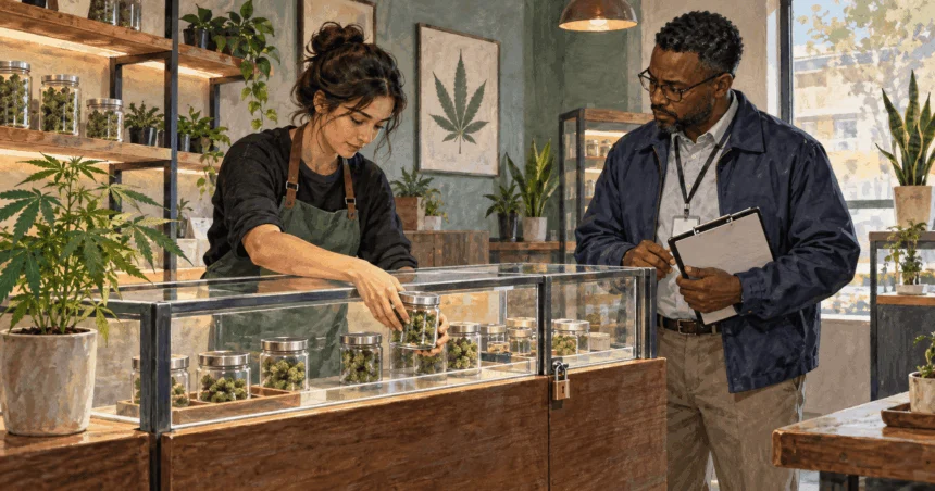 Conceptual painting of a dispensary worker arranging products while a state inspector observes.