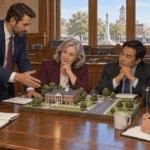 Painted scene of state lawmakers discussing a local school and road in a state chamber.