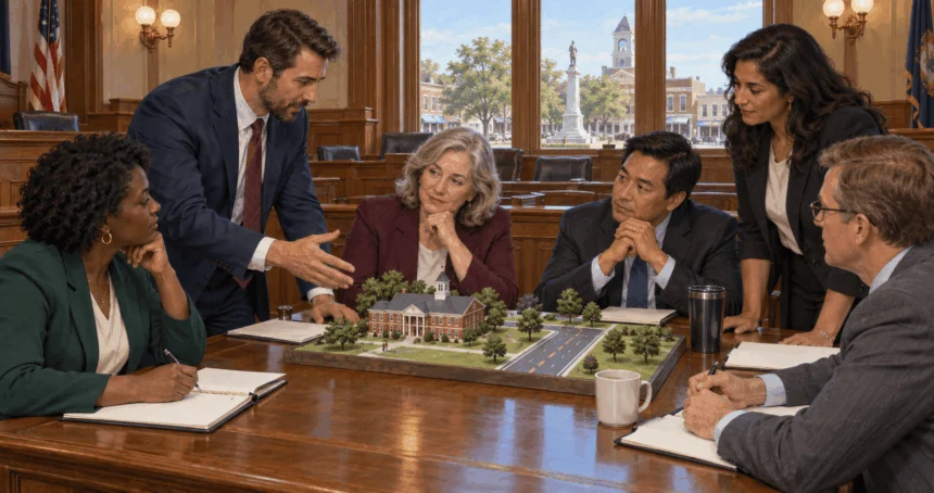 Painted scene of state lawmakers discussing a local school and road in a state chamber.