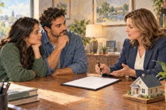 Conceptual painting of a homebuyer discussing a blank mortgage worksheet with an adviser.