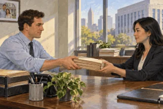 Painted scene of mortgage folders moving from a lender to a secondary-market analyst.