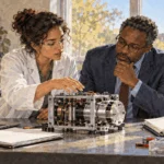 Painted illustration of a researcher showing an invention to a suited visitor in a laboratory.