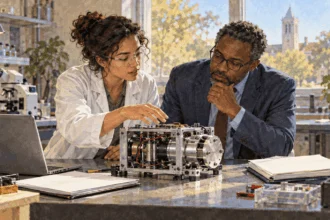 Painted illustration of a researcher showing an invention to a suited visitor in a laboratory.