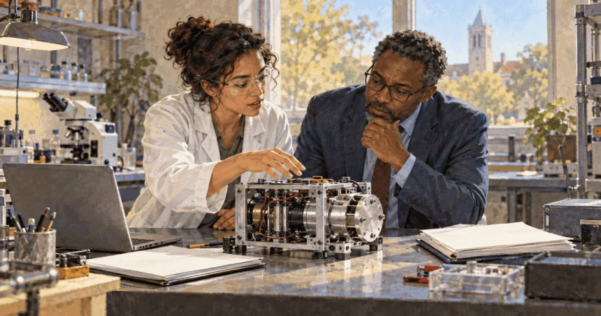 Painted illustration of a researcher showing an invention to a suited visitor in a laboratory.
