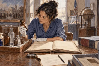 A researcher examines an old medicine bottle beside archival records.