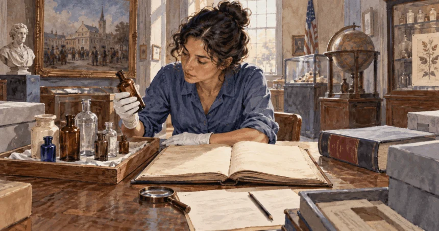 A researcher examines an old medicine bottle beside archival records.