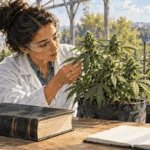 Painted illustration of a researcher examining a cannabis plant in a greenhouse with a law book nearby.