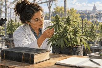 Painted illustration of a researcher examining a cannabis plant in a greenhouse with a law book nearby.