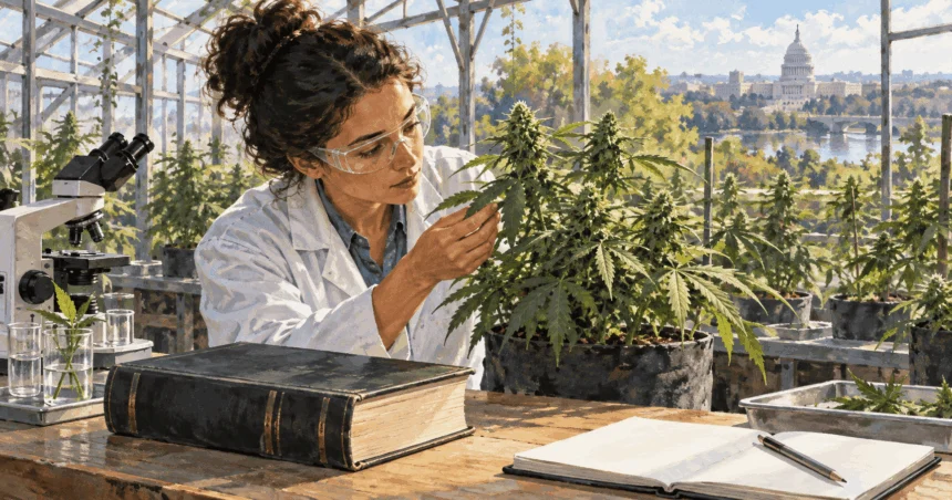 Painted illustration of a researcher examining a cannabis plant in a greenhouse with a law book nearby.