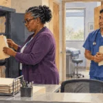 Painted illustration of health workers handling patient records in a medical office.