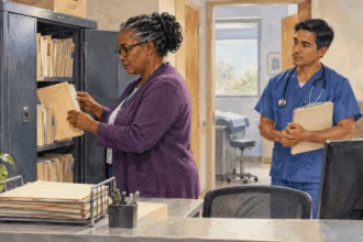 Painted illustration of health workers handling patient records in a medical office.