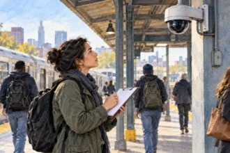 Researcher examining a public security camera at a transit station.