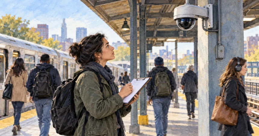 Researcher examining a public security camera at a transit station.
