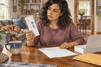 Painted woman inspecting a home genetic-testing kit and blank paperwork.