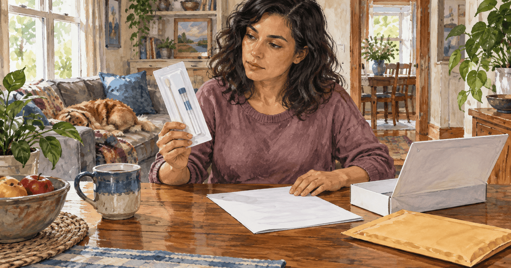 Painted woman inspecting a home genetic-testing kit and blank paperwork.