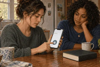 Painted scene of a person adjusting privacy on a health calendar app with a friend.