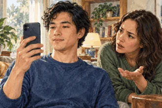 Conceptual painting of people examining face recognition on a personal phone.