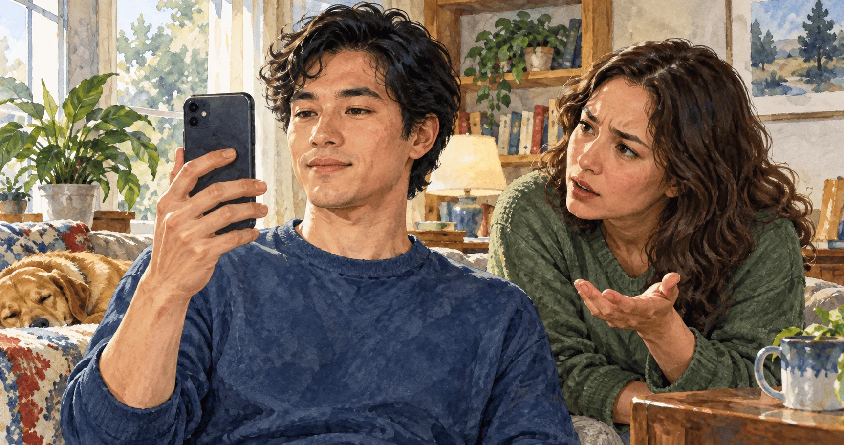 Conceptual painting of people examining face recognition on a personal phone.