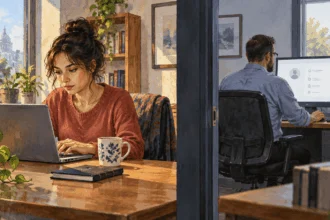 An employee works on a laptop while a manager reviews messages in another office.