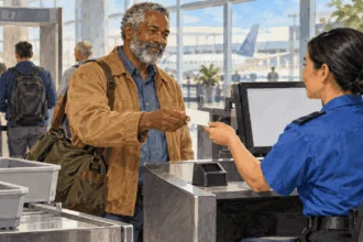 Painted illustration of traveler presenting a plain identification card at an airport counter.