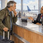 Painted illustration of traveler speaks with airline representative at service counter beside blank itinerary.