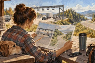 Painted illustration of a commuter comparing a toll highway and another route from a rest stop.