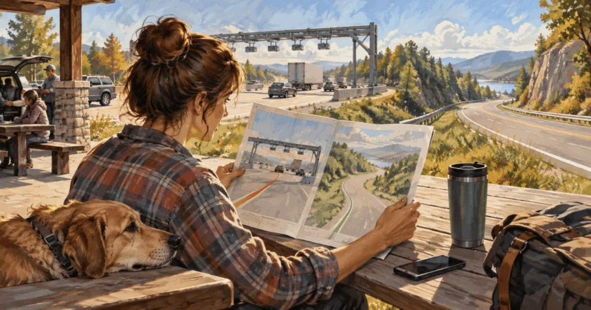 Painted illustration of a commuter comparing a toll highway and another route from a rest stop.