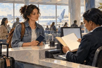A traveler presents a passport at an airport counter.