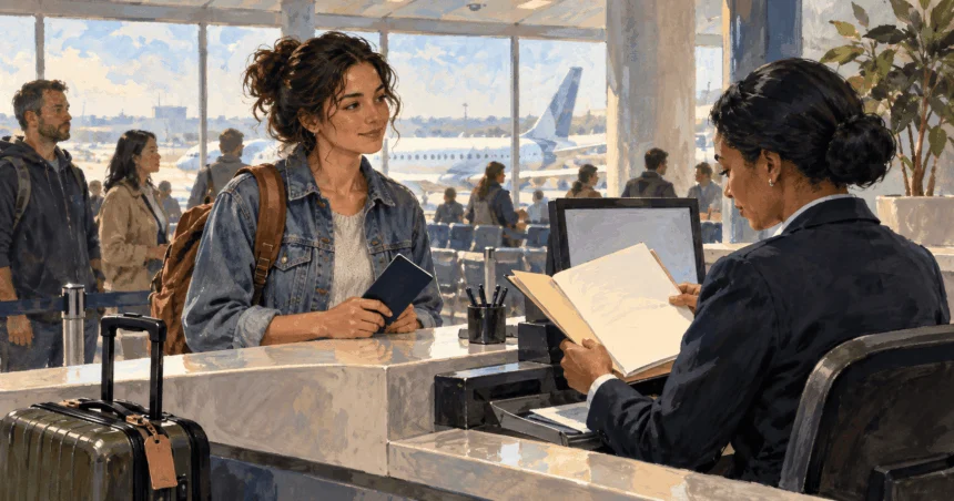 A traveler presents a passport at an airport counter.