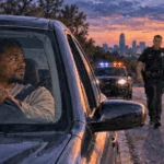 Painted Black driver waiting inside a stopped car as a police officer approaches at dusk.