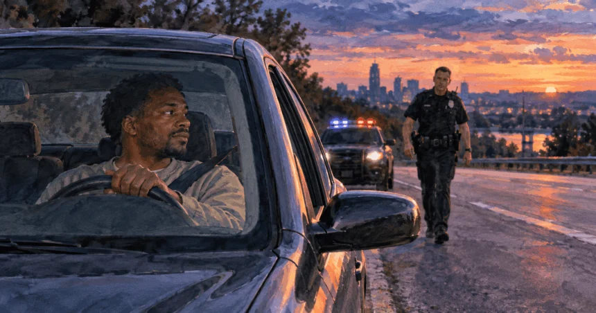 Painted Black driver waiting inside a stopped car as a police officer approaches at dusk.