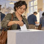 Conceptual painting of one voter casting a ballot among neighbors.