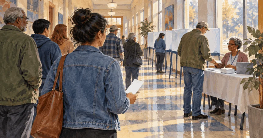 Painted voters waiting in line and checking in at a neighborhood polling place.