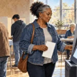 Painted illustration of voters using paper ballots and a voting machine in a polling place.