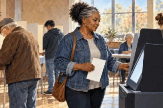 Painted illustration of voters using paper ballots and a voting machine in a polling place.