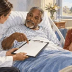 Painted illustration of an adult patient talks with a clinician and a family member at the bedside while pointing to a blank advance directive.