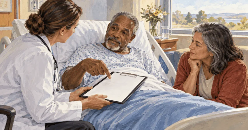 Painted illustration of an adult patient talks with a clinician and a family member at the bedside while pointing to a blank advance directive.