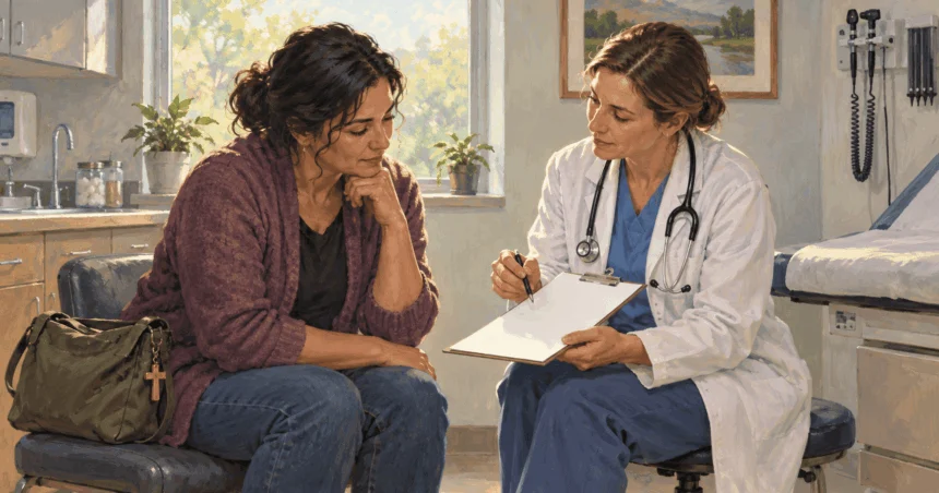 Painted illustration of a patient discussing a blank consent form with a clinician.