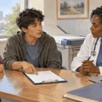Painted illustration of teenager discussing a blank medical consent form with a clinician and parent.