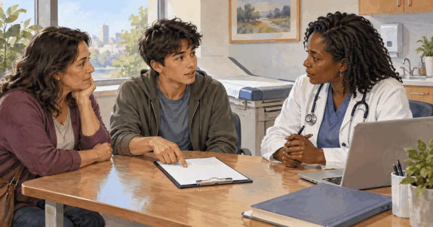 Painted illustration of teenager discussing a blank medical consent form with a clinician and parent.