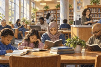 Conceptual contemporary painting of a shared public library reading room.