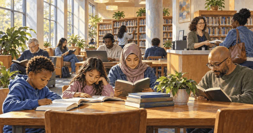 Conceptual contemporary painting of a shared public library reading room.
