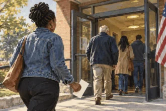 Conceptual painting of a Black voter entering a community polling place with other voters.