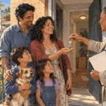 Painted illustration of a family receiving the keys to an apartment from a housing counselor.