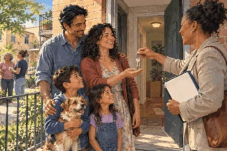Painted illustration of a family receiving the keys to an apartment from a housing counselor.