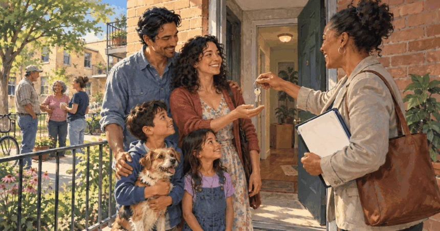 Painted illustration of a family receiving the keys to an apartment from a housing counselor.