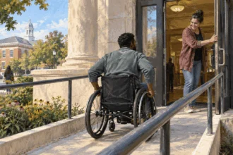 Painted illustration of a wheelchair user enters a civic building through an accessible ramp while another person holds the door.