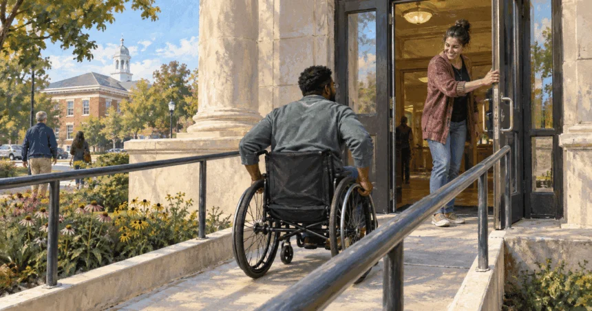 Painted illustration of a wheelchair user enters a civic building through an accessible ramp while another person holds the door.